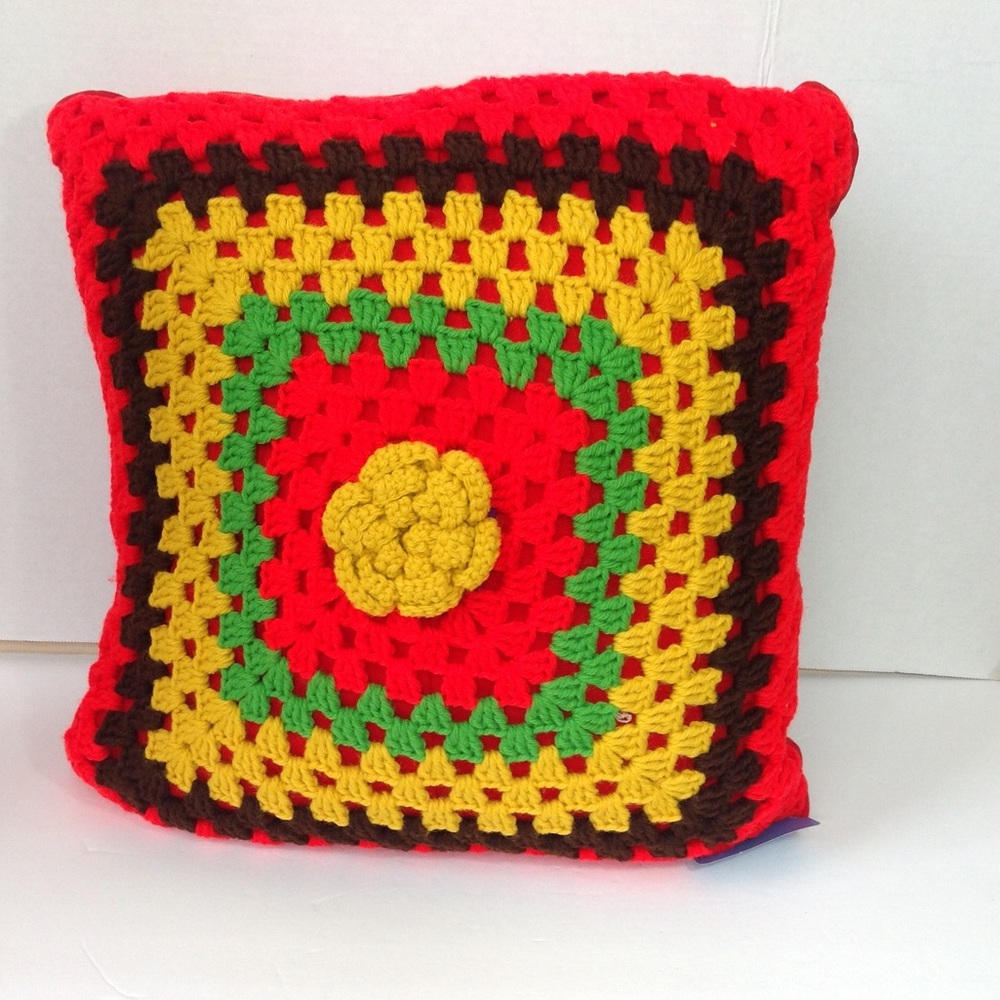 Vintage Red Crochet Pillow Ethnic Hippie Granny